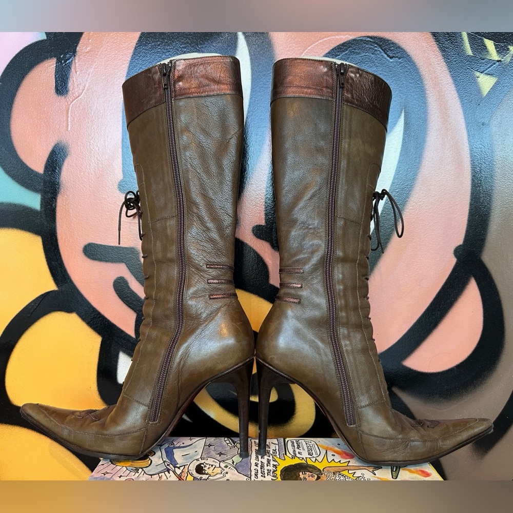Roberto Ronaldo Italian Olive Green & Copper leather stiletto boots size 6.5.